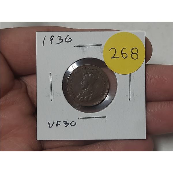 1936 Canadian Small Cent. VF30. Last issue of George V.