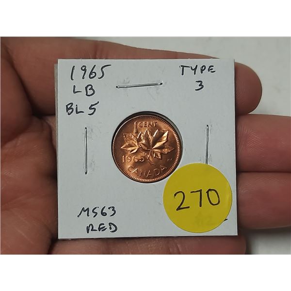 1965 Large Beads, Blunt 5 (Type III) Small Cent. MS63 Red.