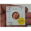 Image 1 : 1965 Large Beads, Blunt 5 (Type III) Small Cent. MS63 Red.
