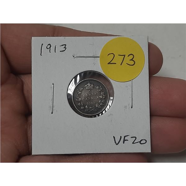 1913 Canadian Silver 5 Cents. VF20.
