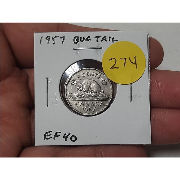 1957 Bug Tail Nickel. There is a small Die Chip on the end of the beaver’s tail that looks 