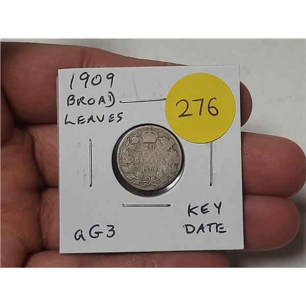 1909 Broad Leaves Canadian Silver 10 Cents. Key Date. About Good-3 with readable date.