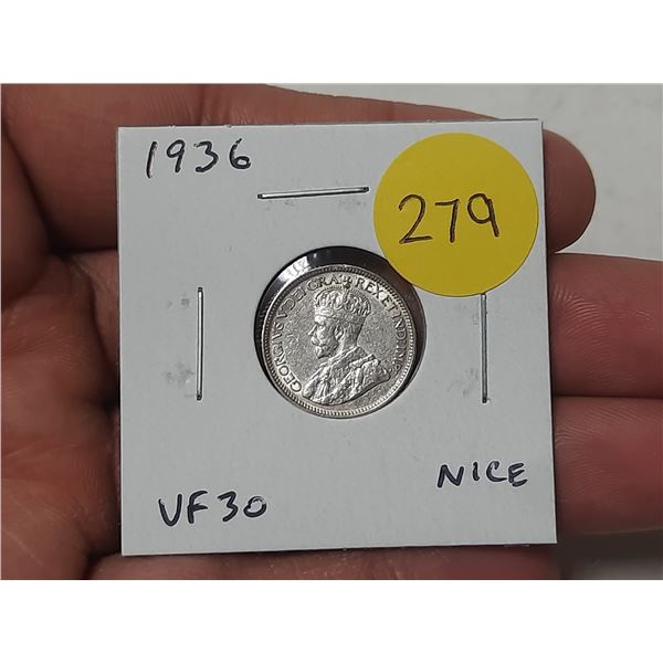 1936 Canadian Silver 10 Cents. Last issue of George V. VF30. Nice.