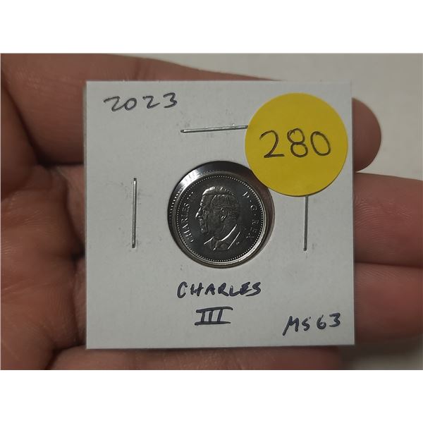 2023 Charles III Canadian 10 Cents. First issue for the new king. MS63 from a roll.