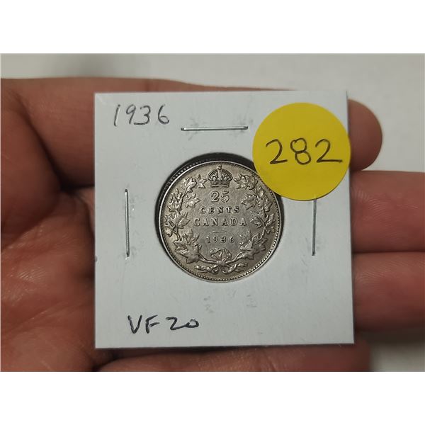 1936 Canadian Silver 25 Cents. Last issue of George V. VF20.