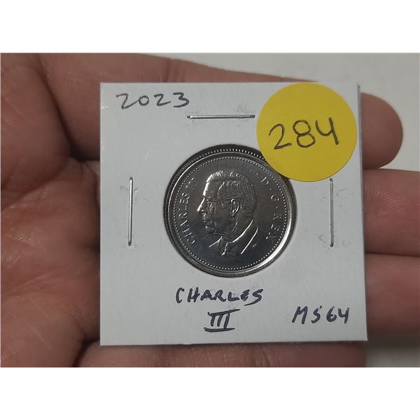 2023 Charles III Canadian 25 Cents. First issue of the new king. MS64.