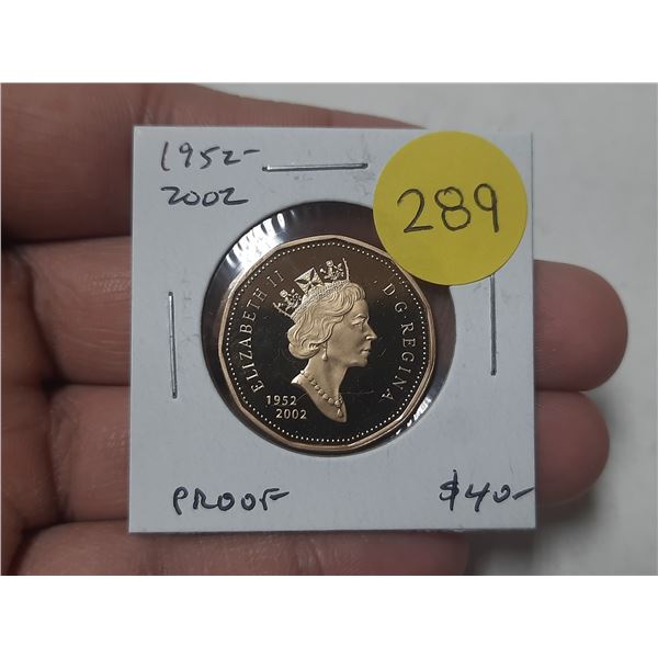 1952 – 2002 50th Anniversary of Queen Elizabeth Loonie Dollar. Proof with Ultra Heavy Cameo