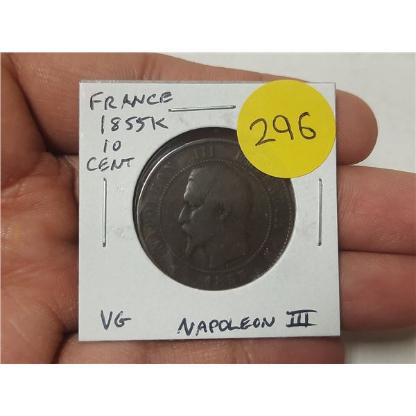 France. 1855K 10 Centimes. Emperor Napoleon III. VG.