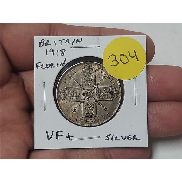 Great Britain. 1918 Silver Florin. Sterling Silver. Issued during the last year of World War I. VF+.
