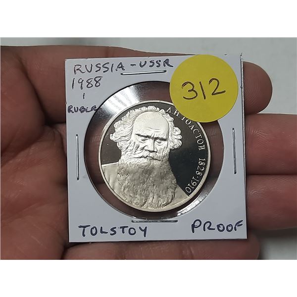 Russia – USSR. 1988 1 Ruble. Tolstoy. Proof with Ultra Heavy Cameo.