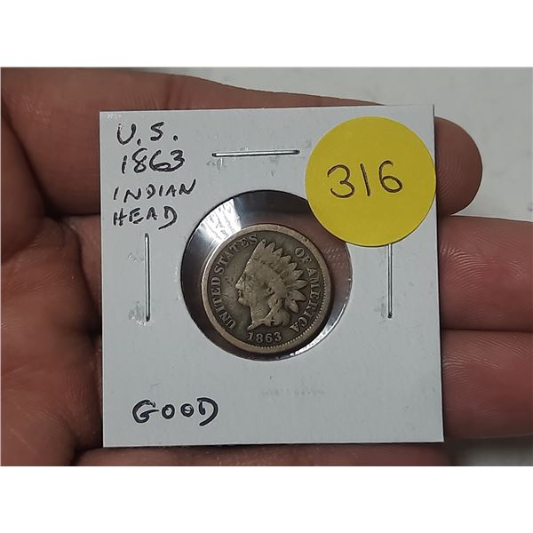 U.S. 1863 Indian Head Cent. Key Date. Good.