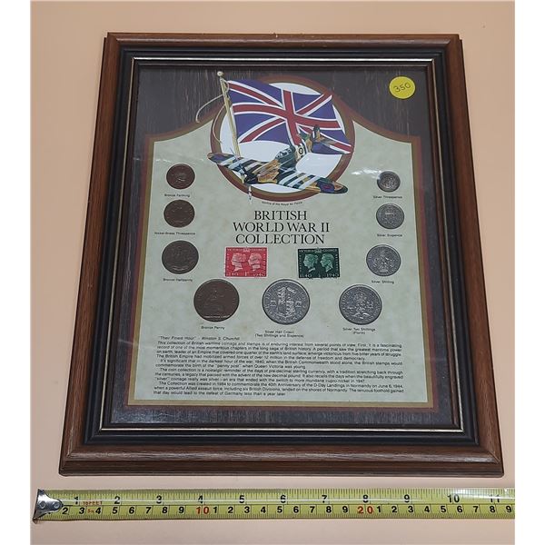 British World War II Collection. Consists of 9 British coins including 5 Silver, plus 2 Stamps. Fram