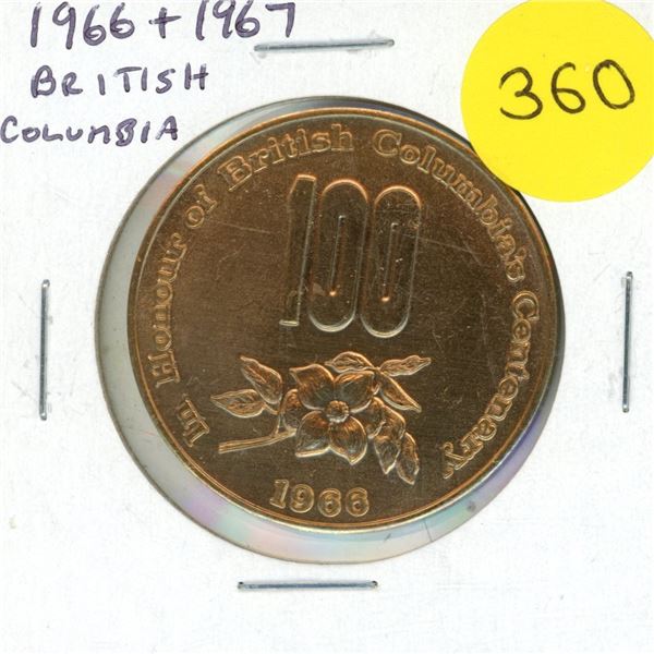 1966 and 1967 British Columbia and Canadian Centennial medal. Large size. Unc.