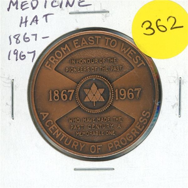 1867 – 1967 Centennial medal issued by Medicine Hat. Large bronze medal. Unc.