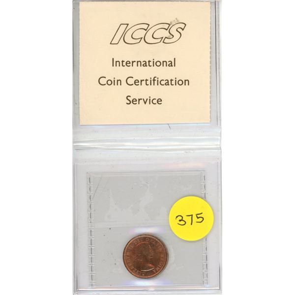 1955 Shoulder Fold 1 Cent. ICCS graded MS-64 SF, Red.