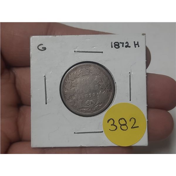 1872 H Canada Silver 25 Cents Coin.