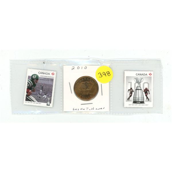 2010 Canada 100th anniversary of the Saskatchewan Roughriders One Dollar and (2) Grey Cup Stamps.