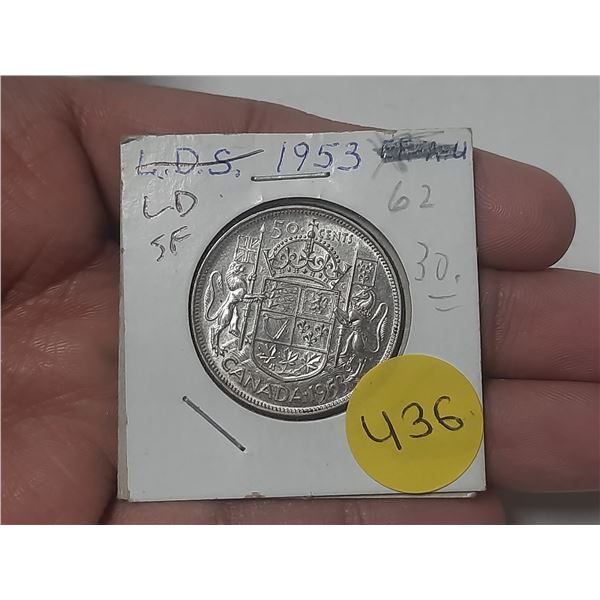 1953 Canada Silver 50 Cents - Large Date, Shoulder Fold (LD SF)