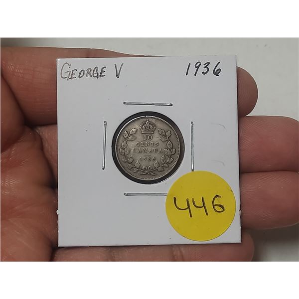 1936 Canada Silver 10 Cents.