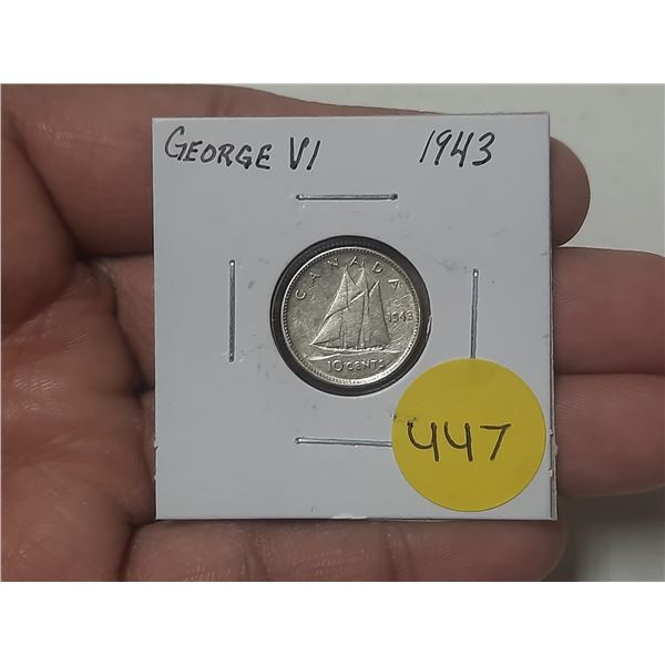 1943 Canada Silver 10 Cents.