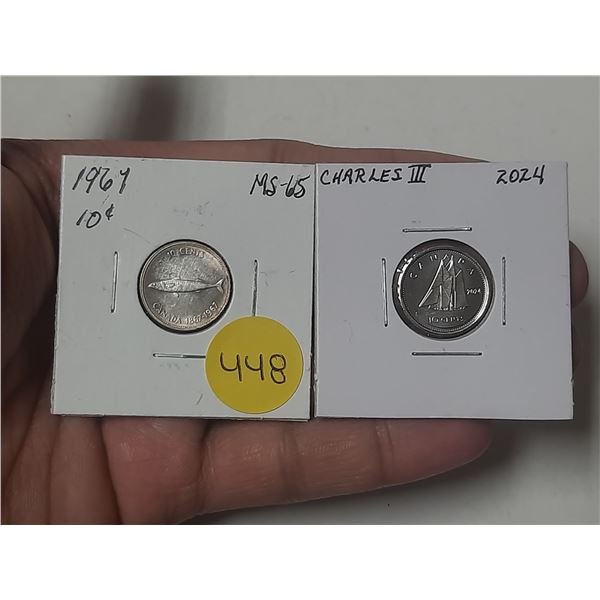 1967 Canada Silver 10 Cents and 2024 Canada Proof Like 10 Cents.
