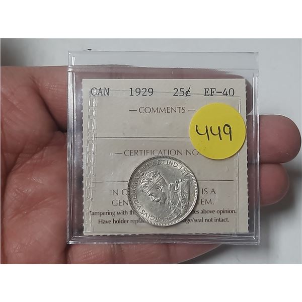1929 Canada 25 Cents - EF-40 - ICCS Graded.