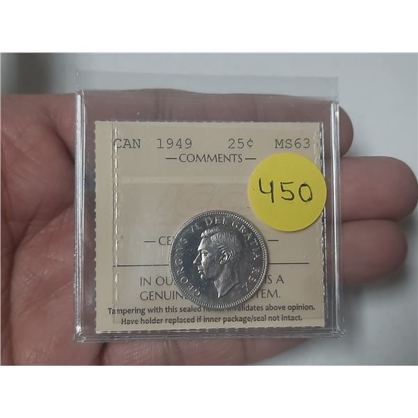 1949 Canada 25 Cents - MS63 - ICCS Graded.