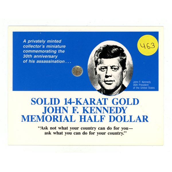 Miniature John F. Kennedy Memorial Half Dollar minted in 14-karat gold.