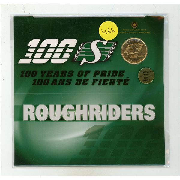 1910 – 2010 100th Anniversary of the Saskatchewan Roughriders Loonie. Gold-Plated, only ava