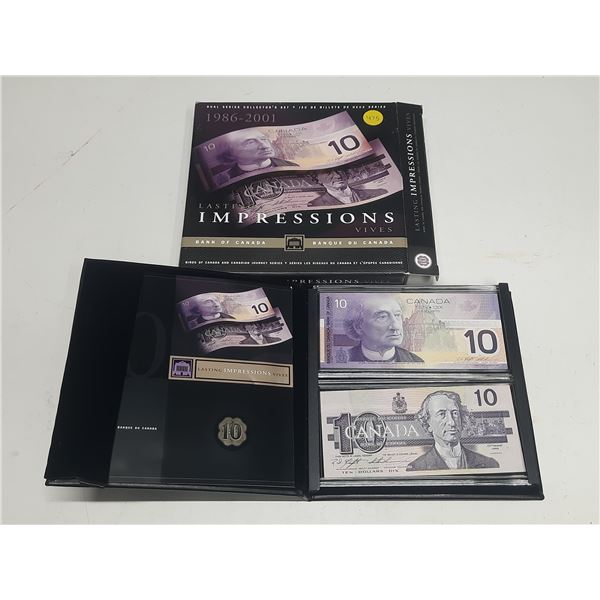 1986 – 2001 Lasting Impressions. Includes 1986 $10 note and 2001 $10 note, both with the sa