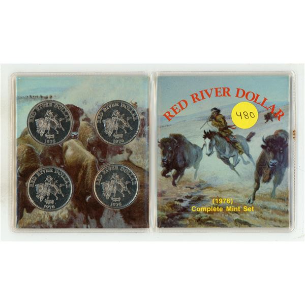 Complete set of 4 1976 Red River Dollars from Winnipeg. Housed in a folder.