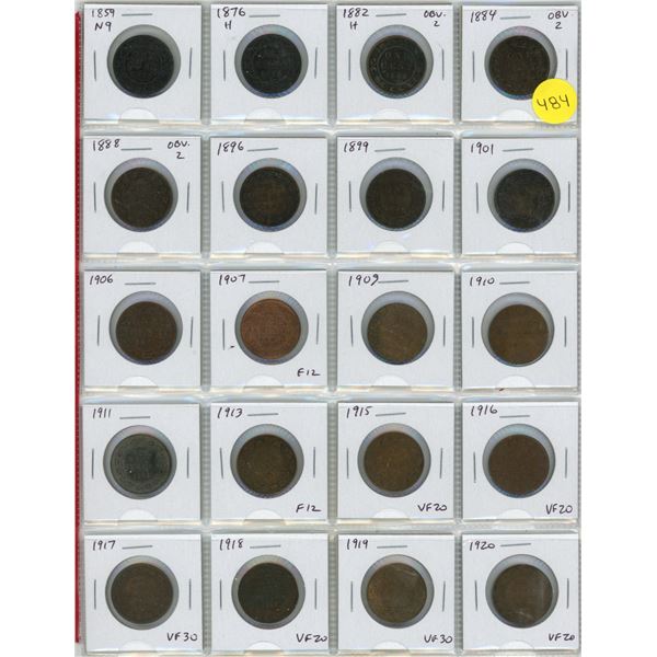 Set of 20 Canadian Large Cents 1859 – 1920. Coins grade up to VF30.