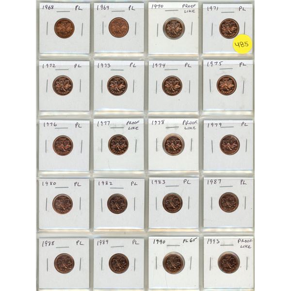 Set of 20 Canadian Proof Like Small Cents 1968 – 1993. All Red. Some with Cameos.
