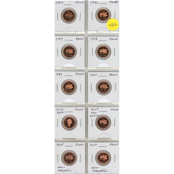 Set of 10 Canadian Proof Small Cents 1994 – 2010. All with Ultra Heavy Cameos.