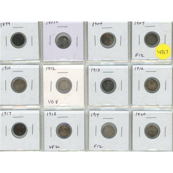 Set of 12 Canadian Silver 5 Cents 1899 – 1920. Coins grade up to VF20.