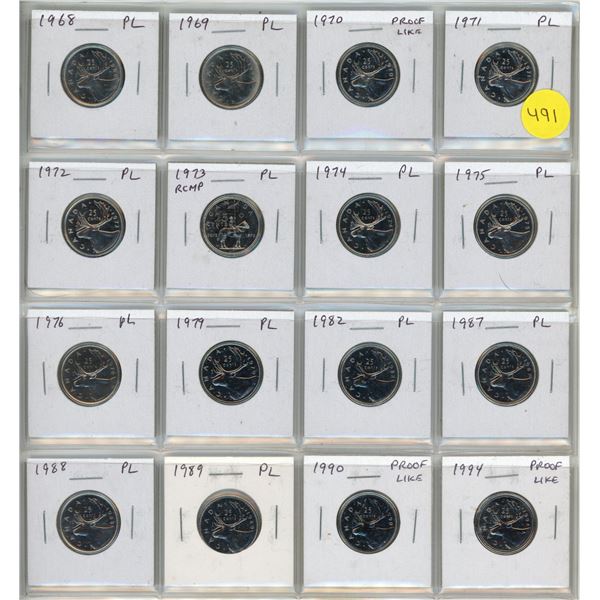 Set of 16 Canadian Proof Like 25 Cents 1968 – 1994.