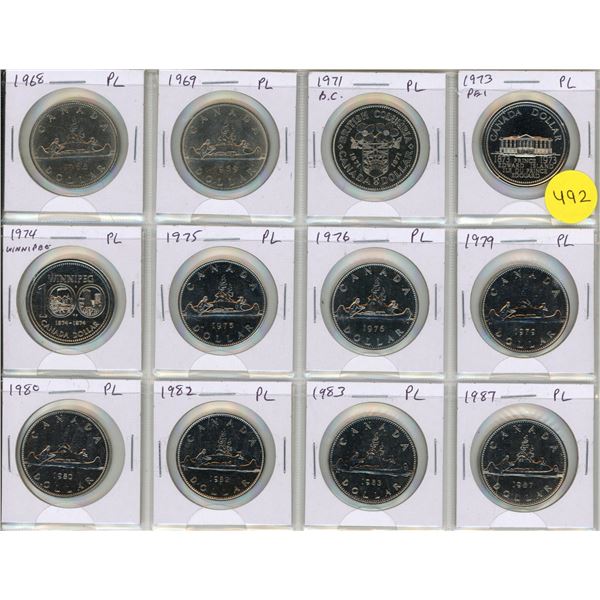 Set of 12 Canadian Proof Like Nickel Dollars 1968 – 1987.