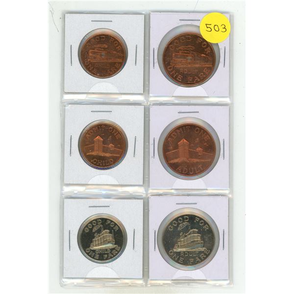 Set of 6 Calgary Heritage Park Admission Tokens for both adults and children. BU.