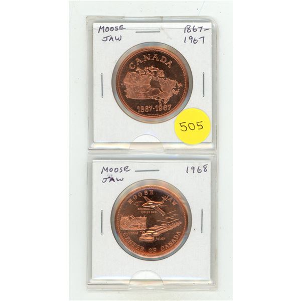 Set of 2 1867 – 1967 Moose Jaw Coin Club medals. Both are large size and bronze. BU.