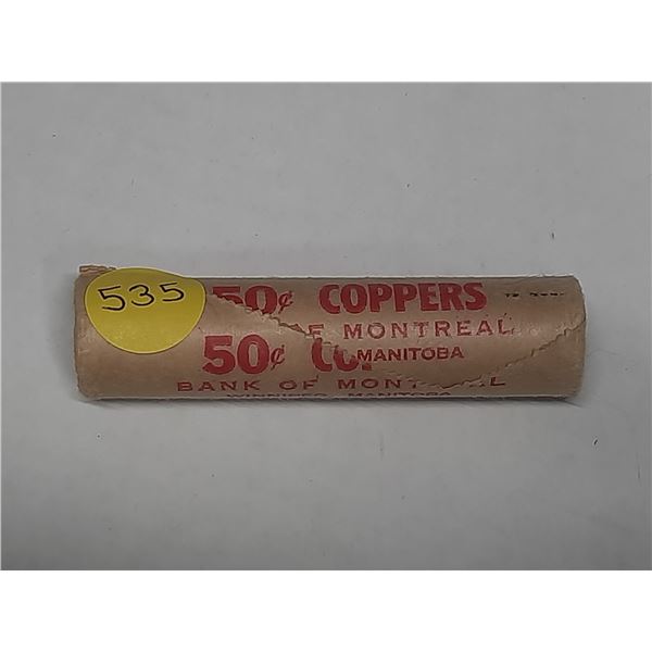 Complete roll of 50 Canadian 1966 Small Cents, housed in a Bank of Montreal roll. BU Red.