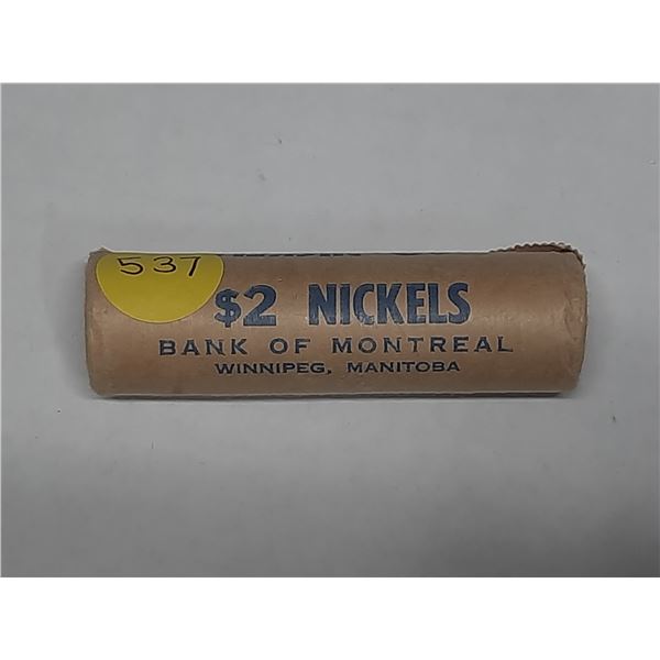 Complete roll of 40 Canadian 1966 Nickels, housed in a Bank of Montreal roll. BU.