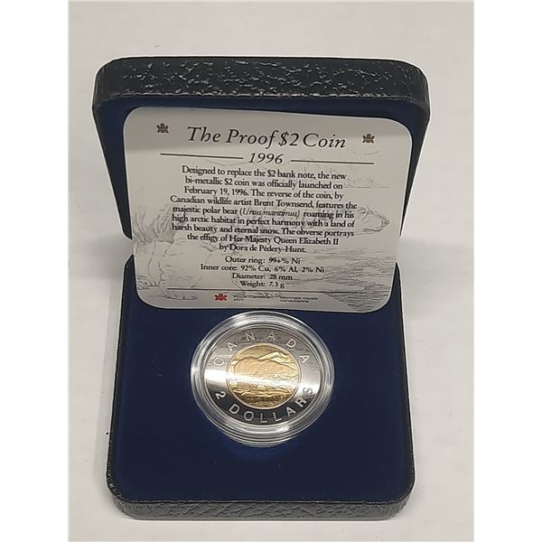1996 $2 Proof Toonie. The first year of the Toonie. Housed in its original RCM case.