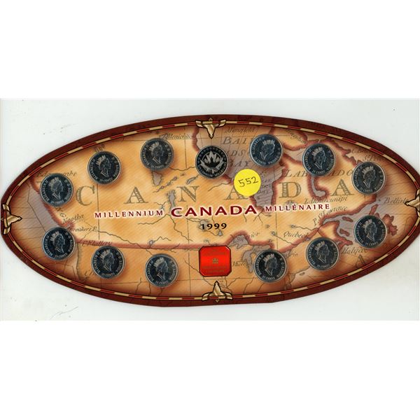 1999 Canadian Millennium set. 12 different 25 Cents, one for each month plus a RCM medal. Housed in 