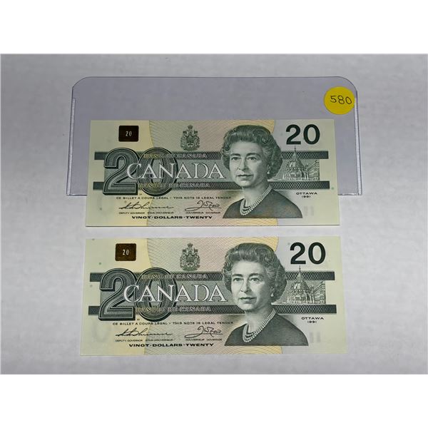 (2) 1991 Canada Twenty Dollars  -  (In Sequence & Unciculated).