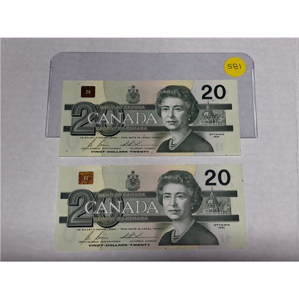 (2) 1991 Canada Twenty Dollars  -  (In Sequence & Unciculated).