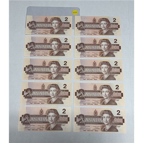 (10) 1986 Canada Two Dollars - (Every Two Notes In Sequence) (All Unciculated).