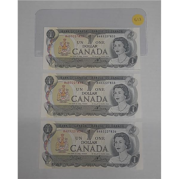 (3) 1973 Canada One Dollars - (In Sequence & Uncirculated).
