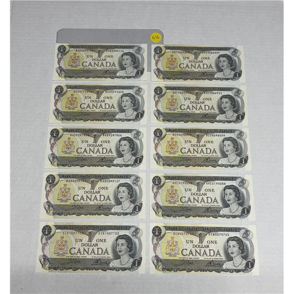 (10) 1973 Canada One Dollars - (Two Notes In Sequence) (All Uncirculated).