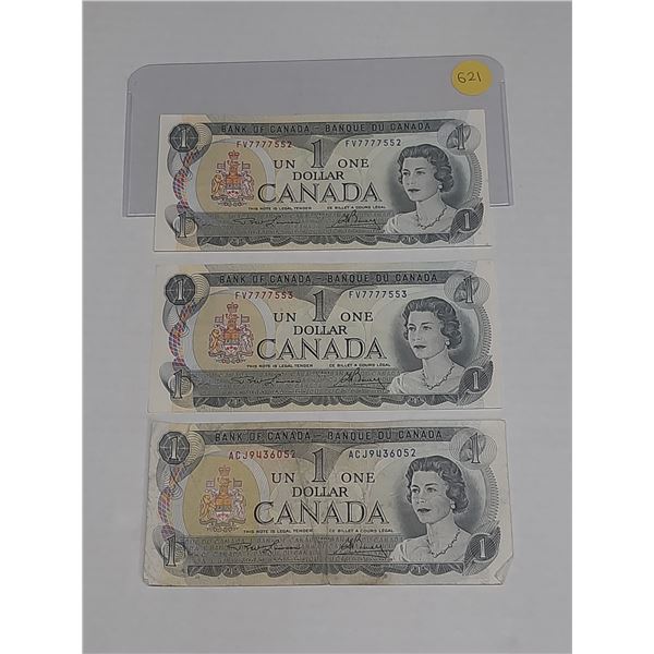(3) 1973 Canada One Dollars - (Two Notes In Sequence)