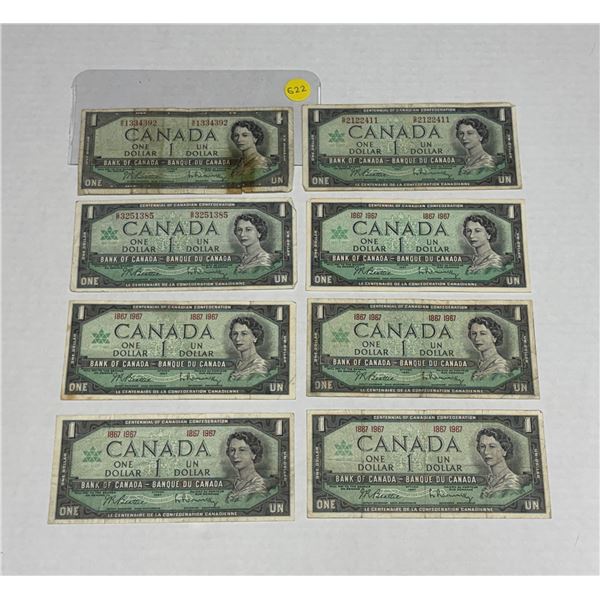 (7) 1967 and (1) 1954 Canada One Dollar.